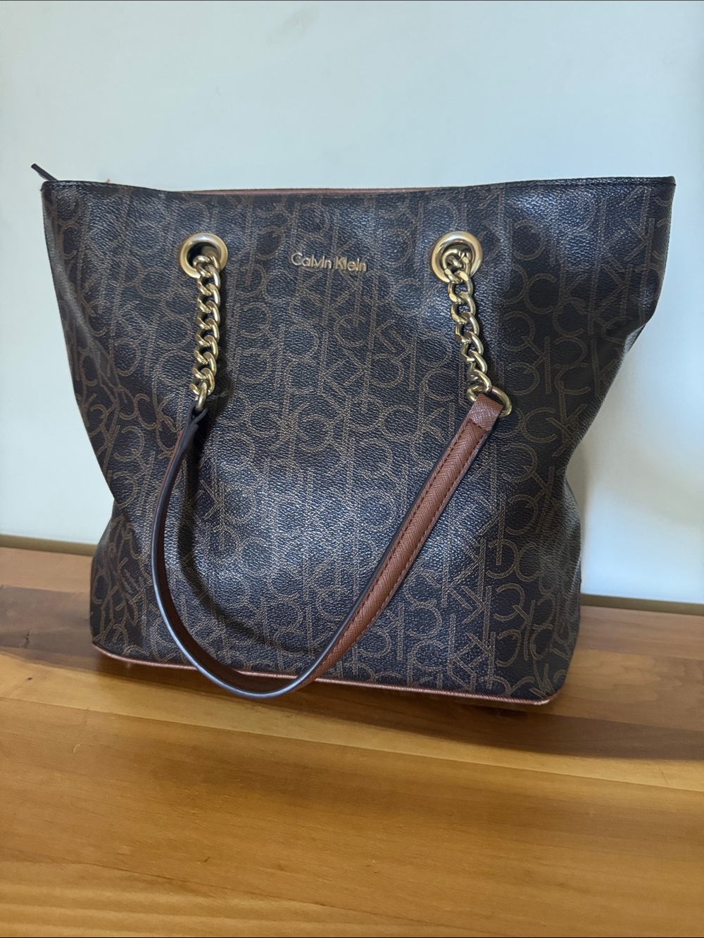 Calvin Klein Brown Monogrammed Double Strap Shoulder Bag